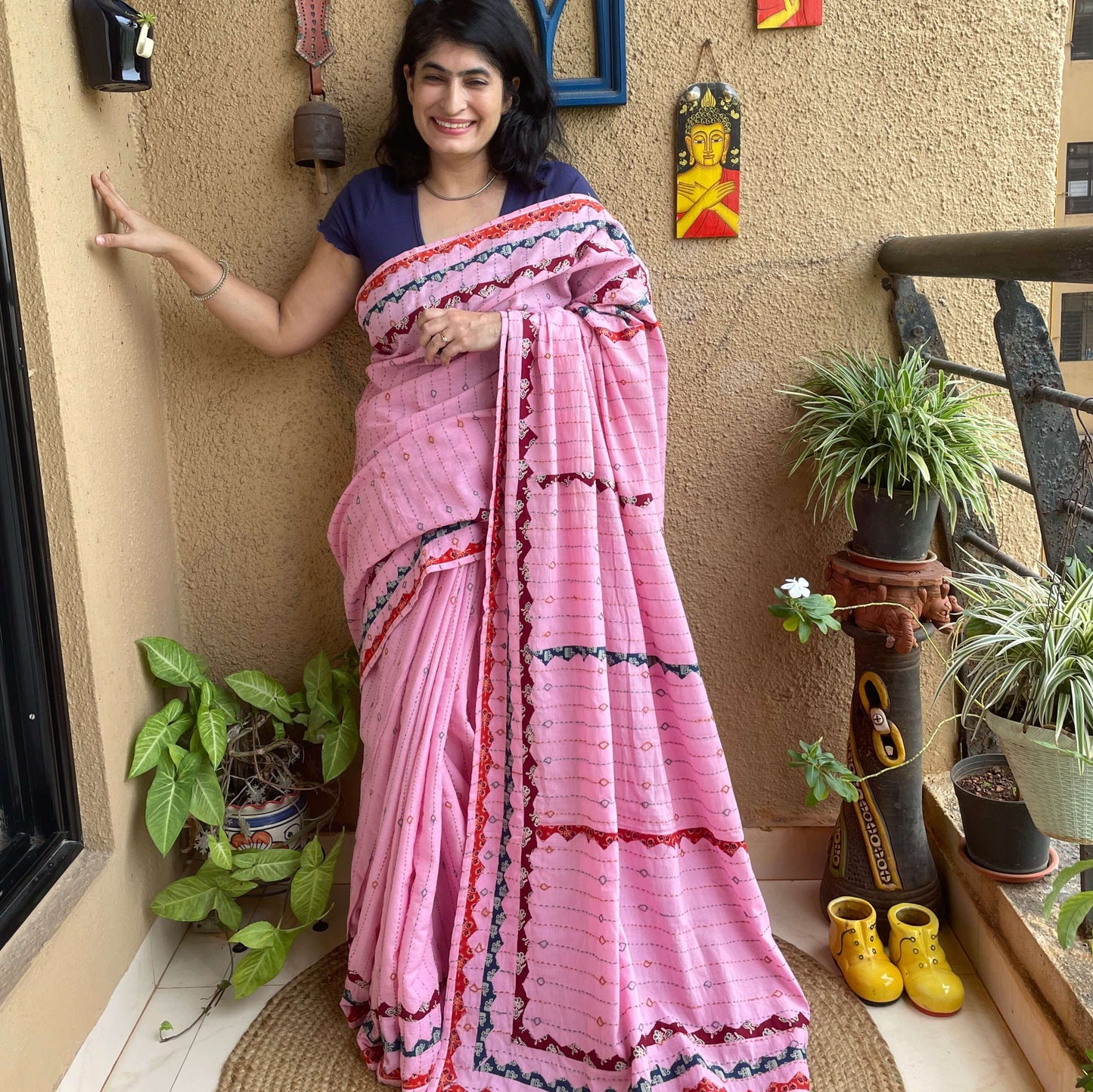 Pink Applique Cotton with kantha