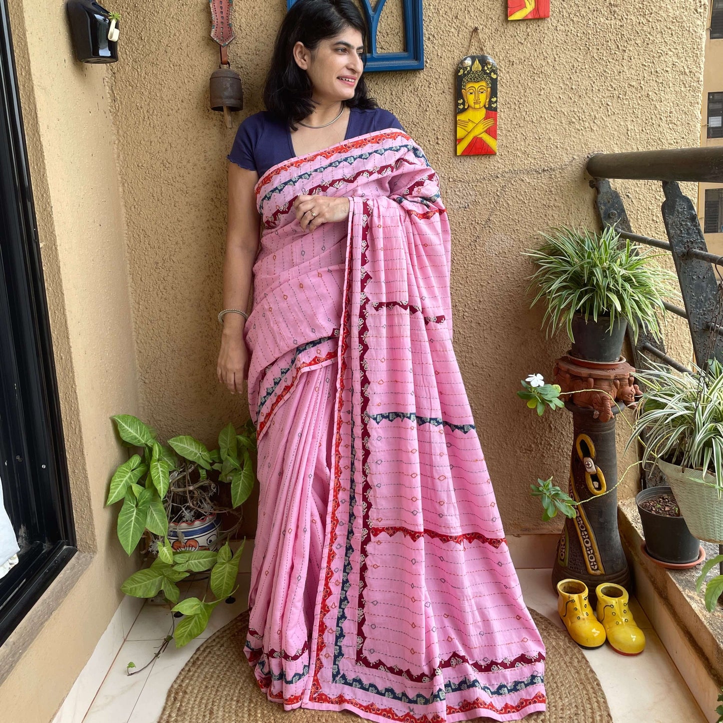 Pink Applique Cotton with kantha