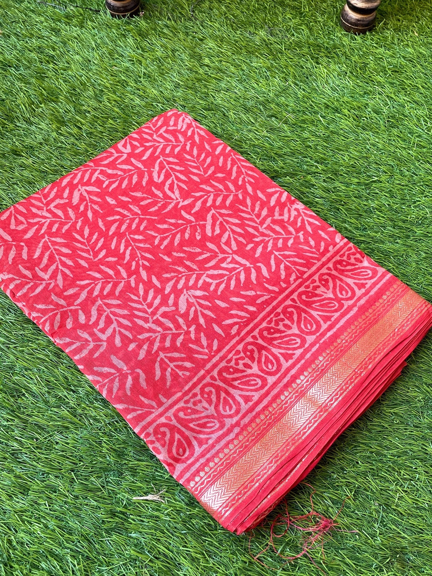 Red Block Printed Maheshwari Sarees