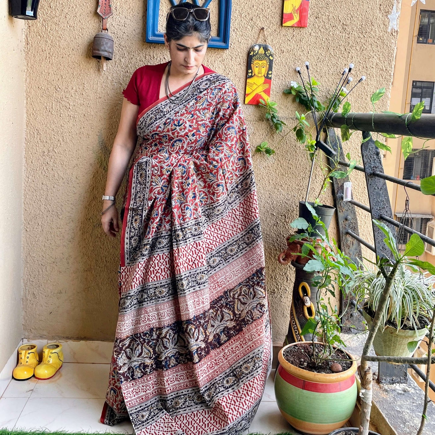 Red floral block print Cotton sari