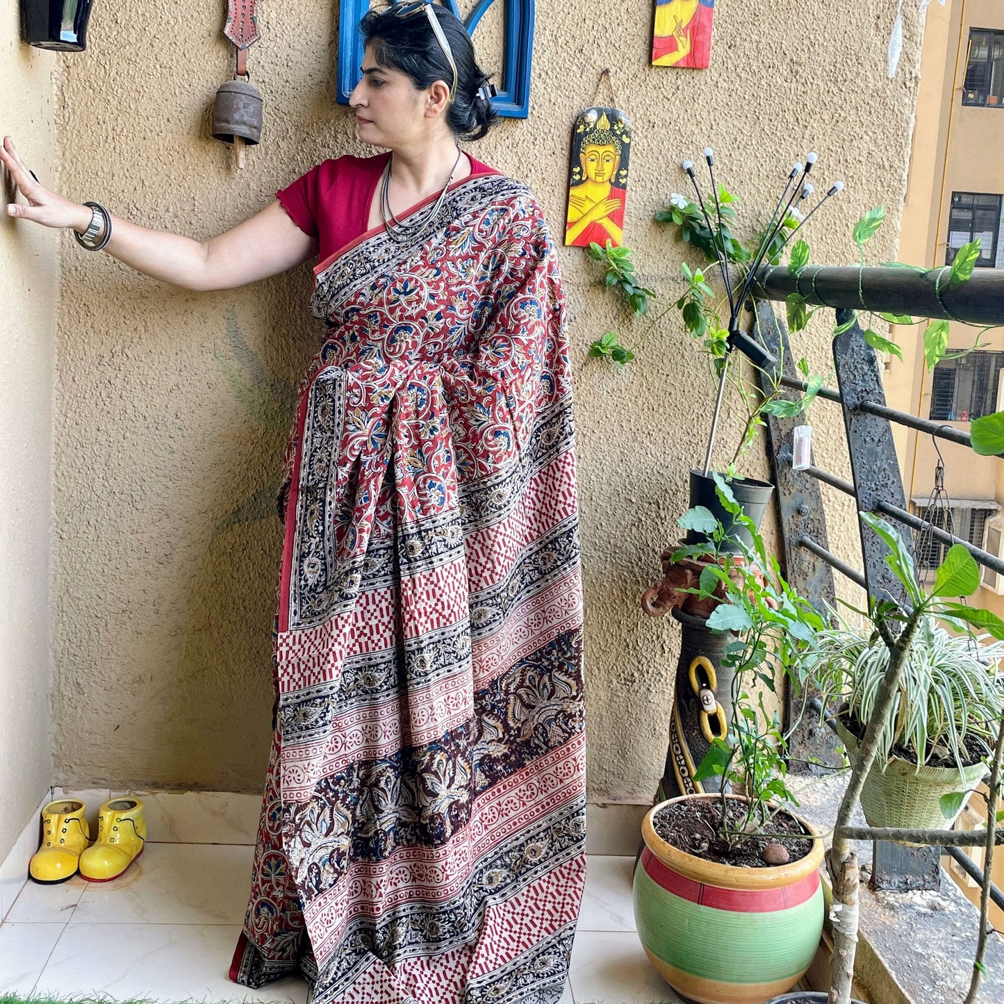 Red floral block print Cotton sari