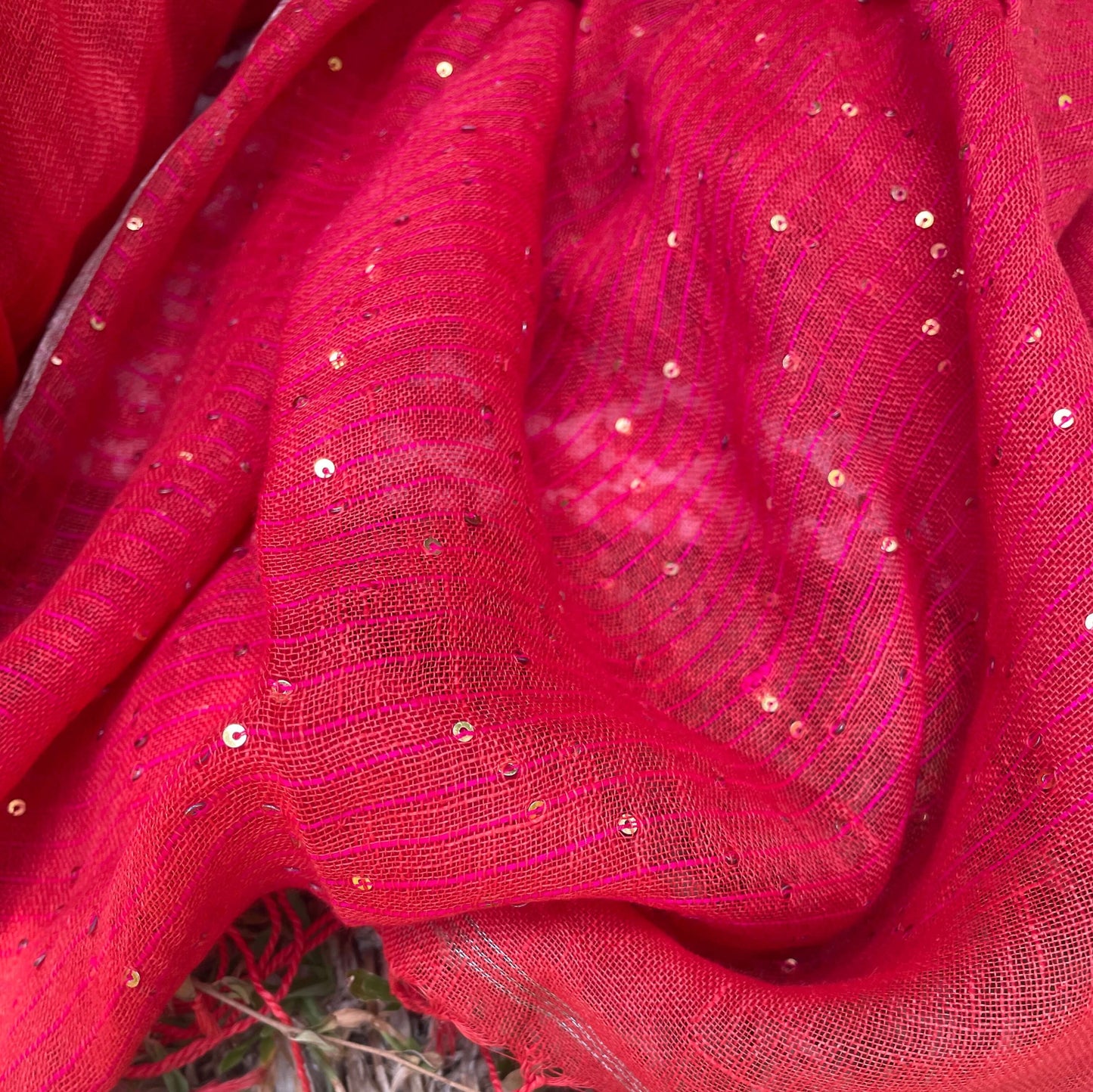 Red Linen Saree with sequence