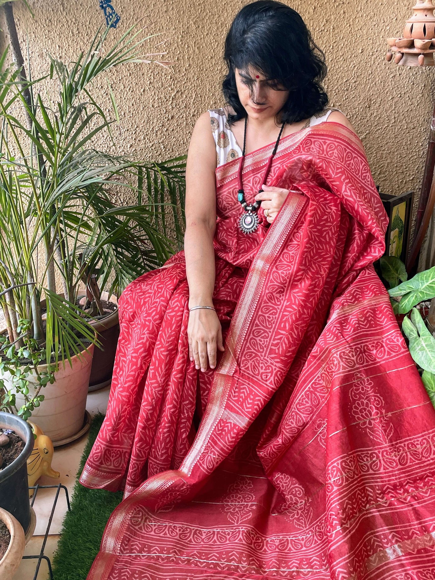 Red Block Printed Maheshwari Sarees