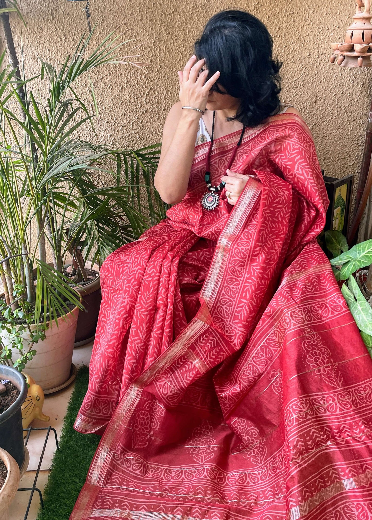 Red Block Printed Maheshwari Sarees