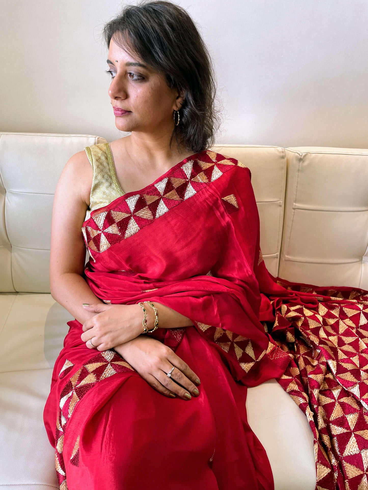 Red Chinon Phulkari Saree