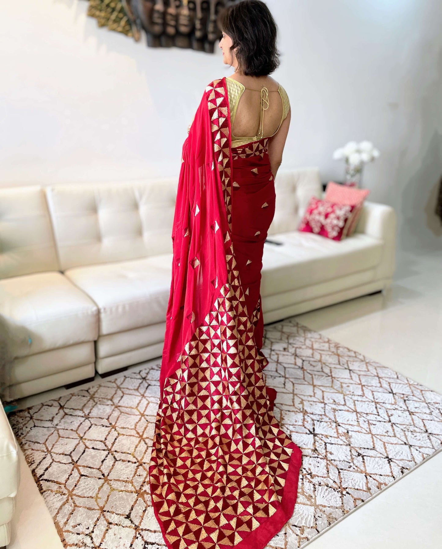 red-phulkari-saree chinon silk