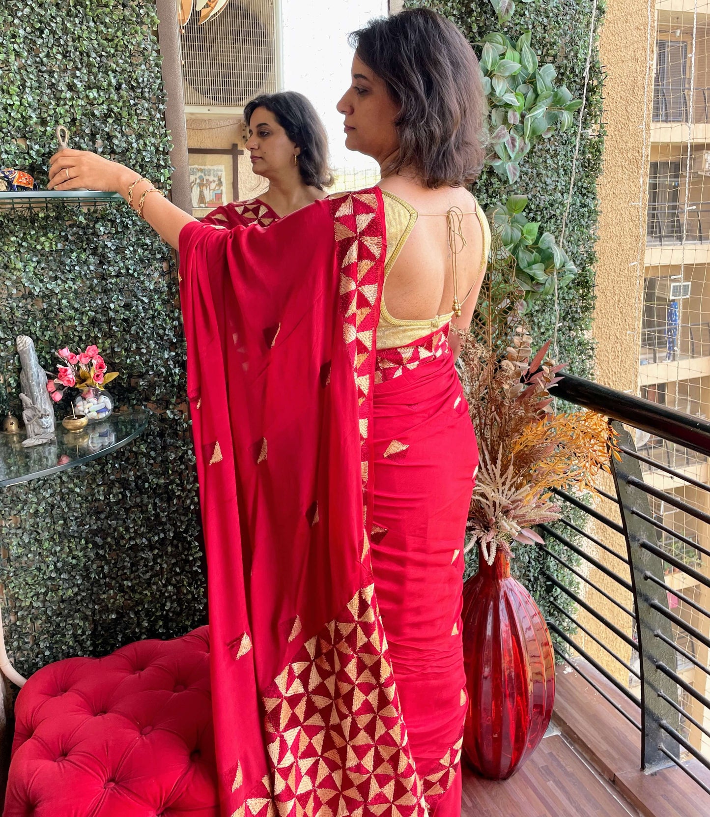 red-phulkari-saree chinon silk