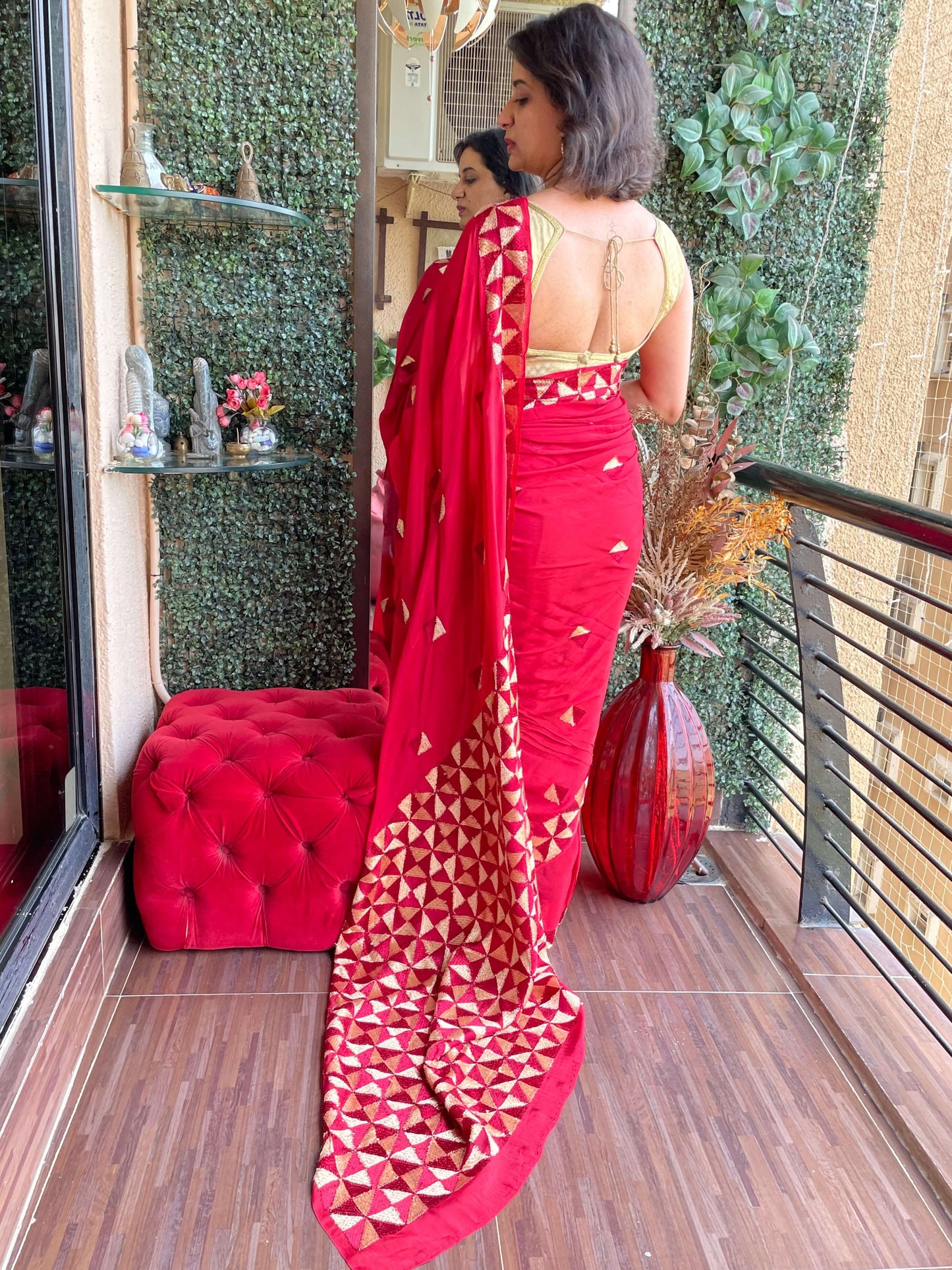 Red Chinon Phulkari Saree