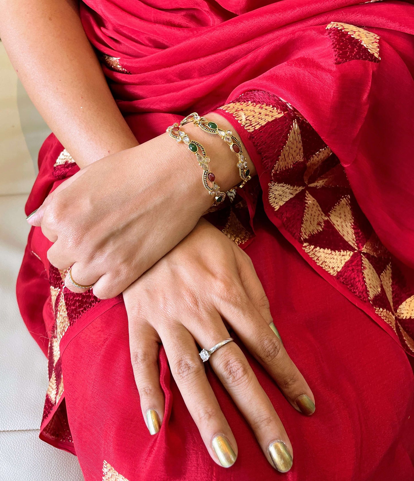 Red Chinon Phulkari Saree