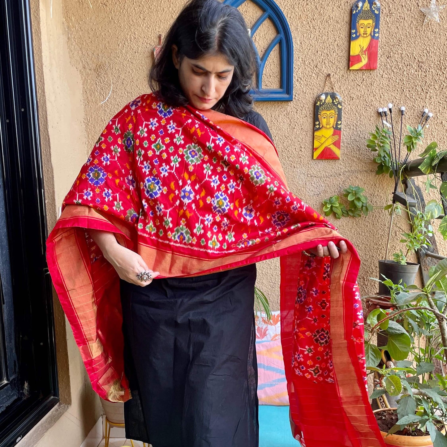 Red Pochampally Silk Dupatta