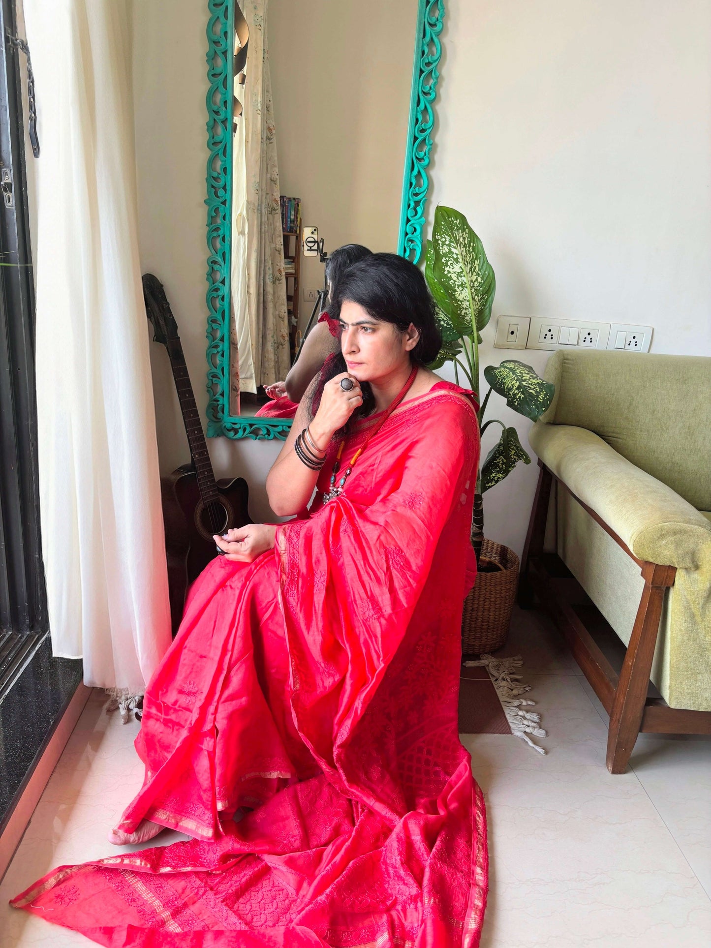 coral red chikankari Saree I Handcrafted