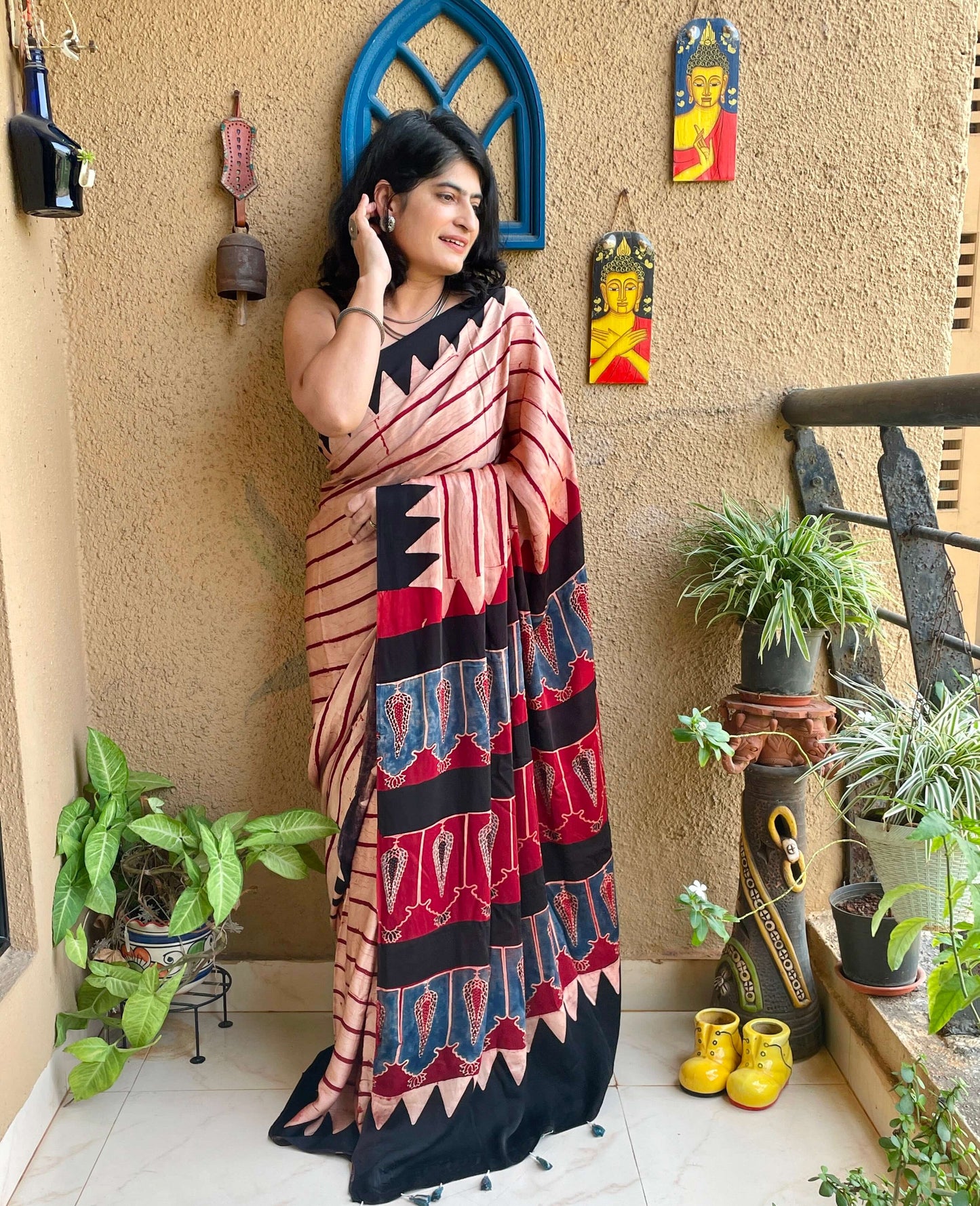silk saree with block print ajrakh