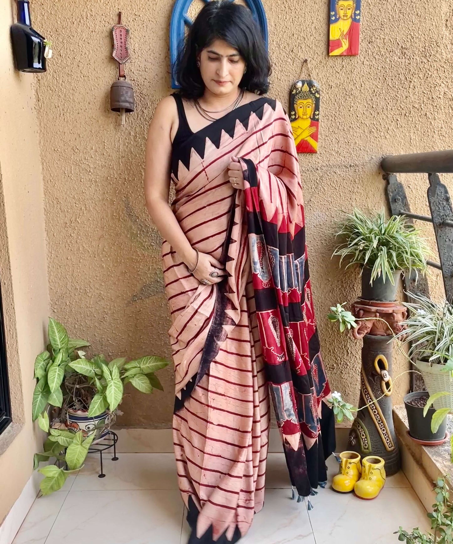  silk saree with block print ajrakh