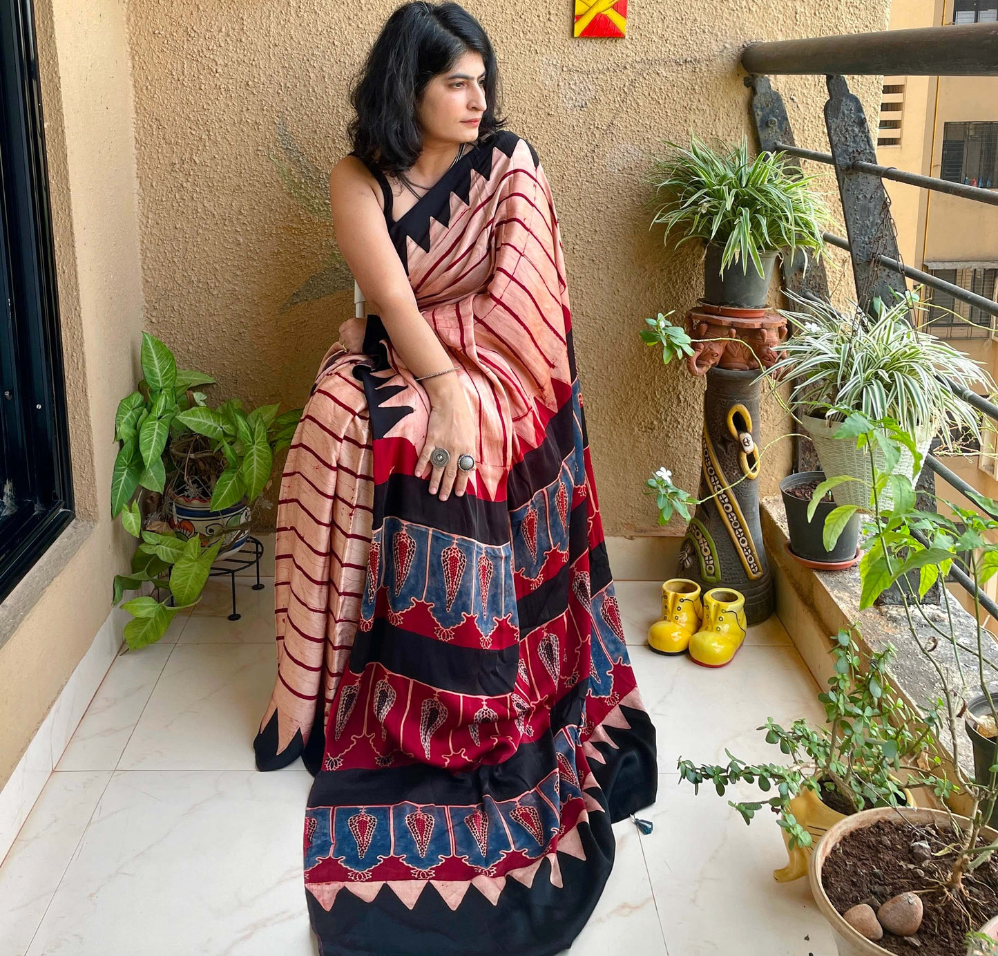 silk saree with block print ajrakh