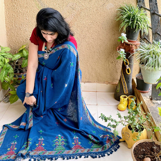 Pre book -Soof Embroidery Kala cotton saree in indigo