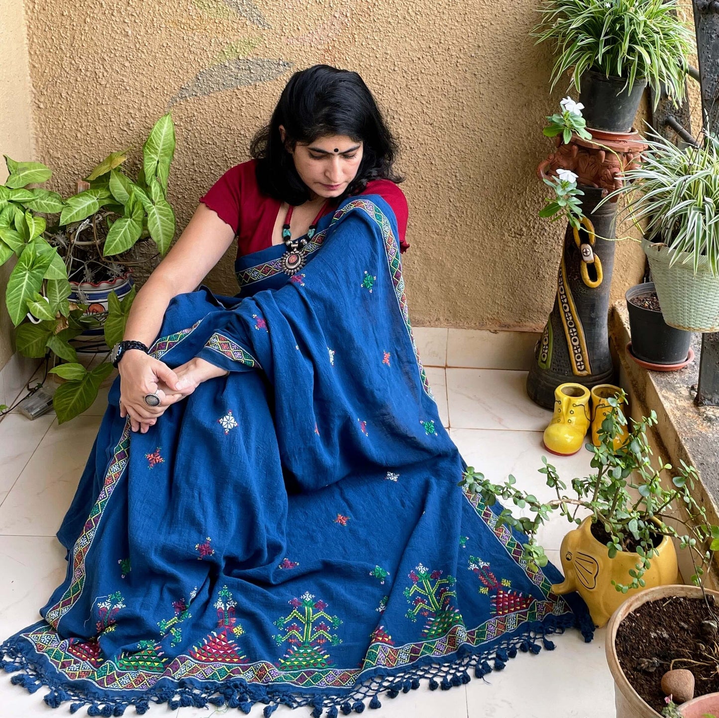 Pre book -Soof Embroidery Kala cotton saree in indigo