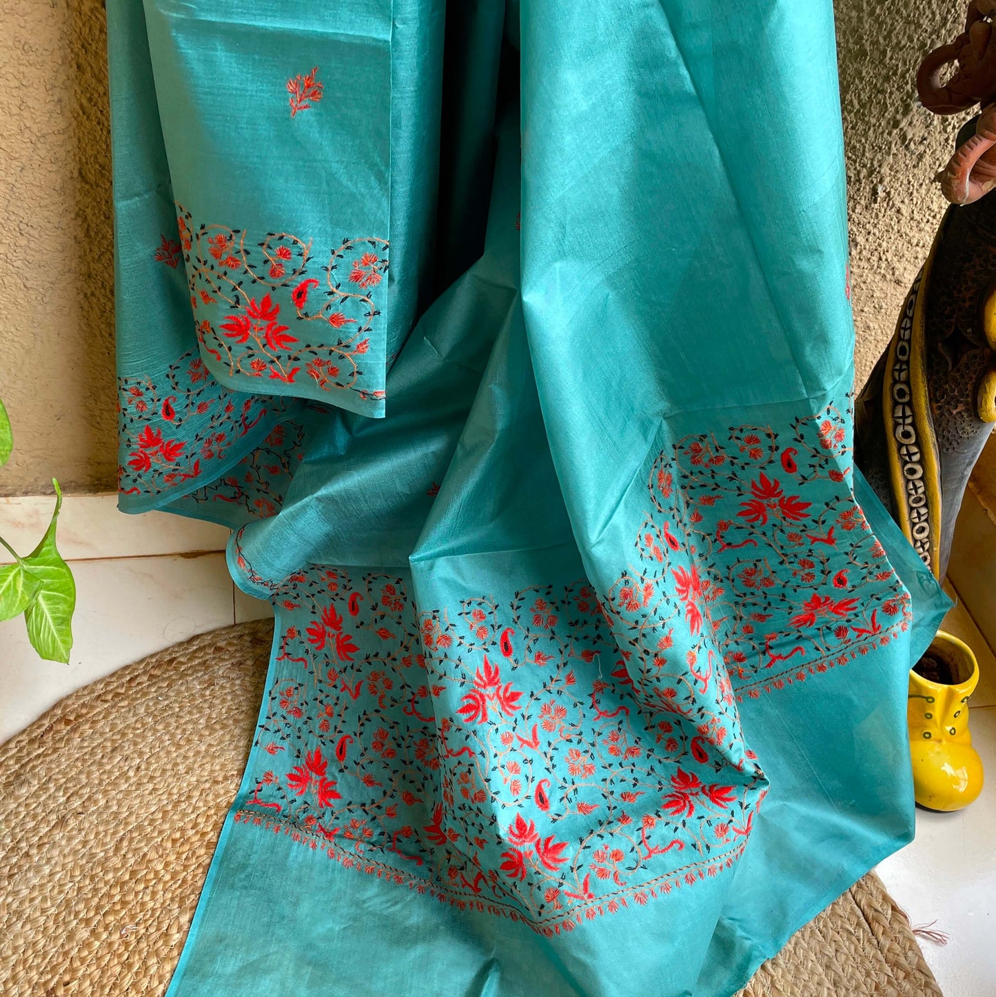 Teal sozni work kashmiri silk saree