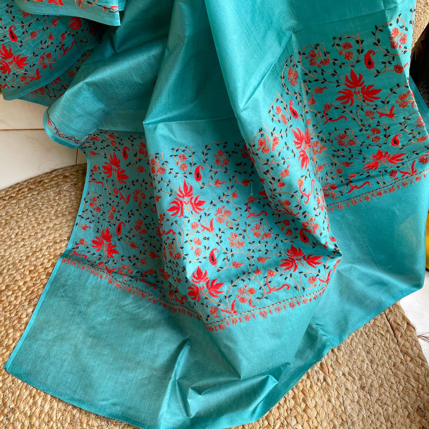 Teal sozni work kashmiri silk saree