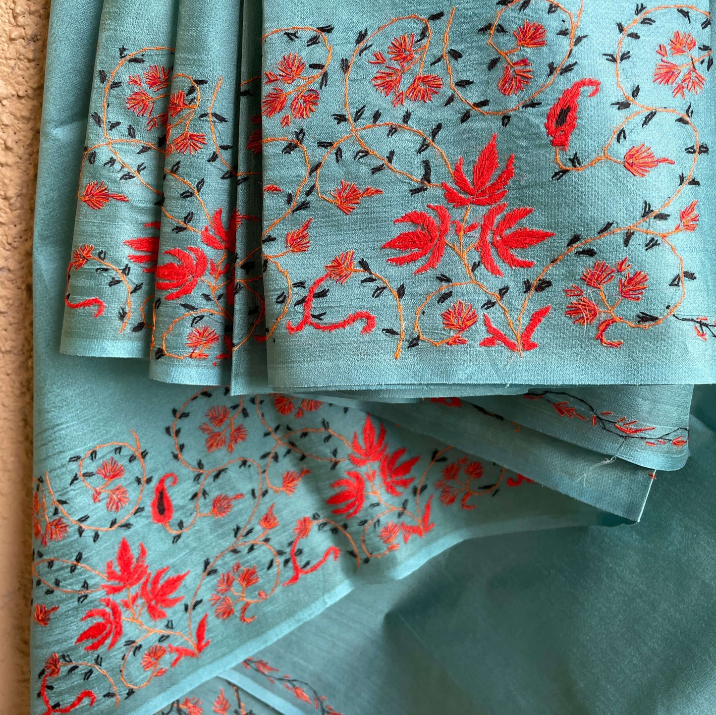 Teal sozni work kashmiri silk saree