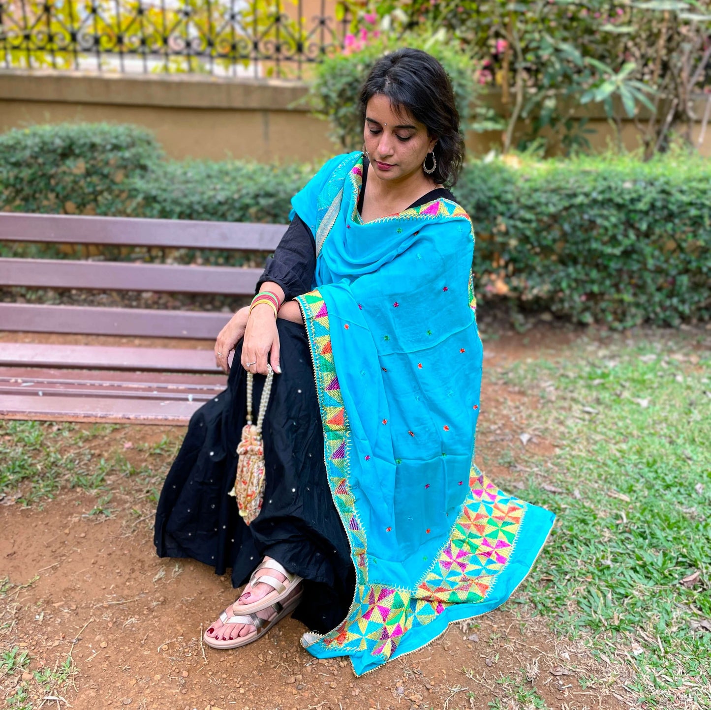 Turquoise Phulkari hand embroidery Dupatta