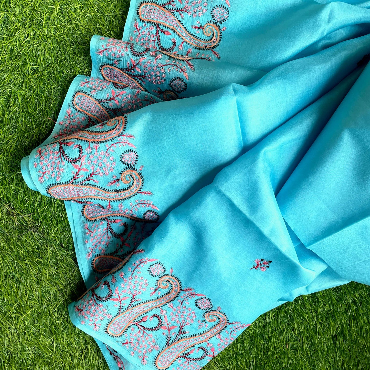 Turquoise Blue Silk Sozni Saree