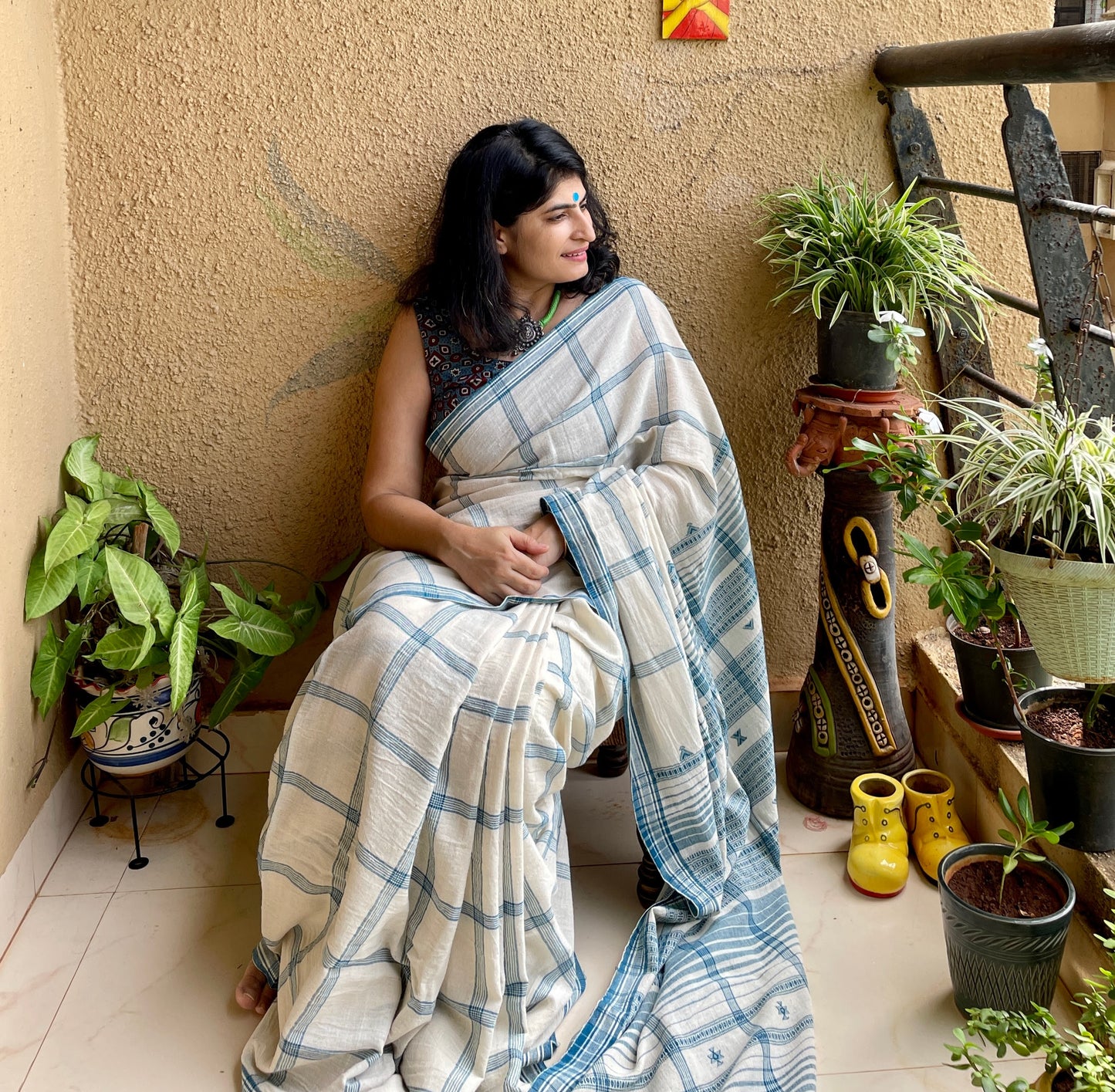 White checks Kala Coton Bhujodi Saree