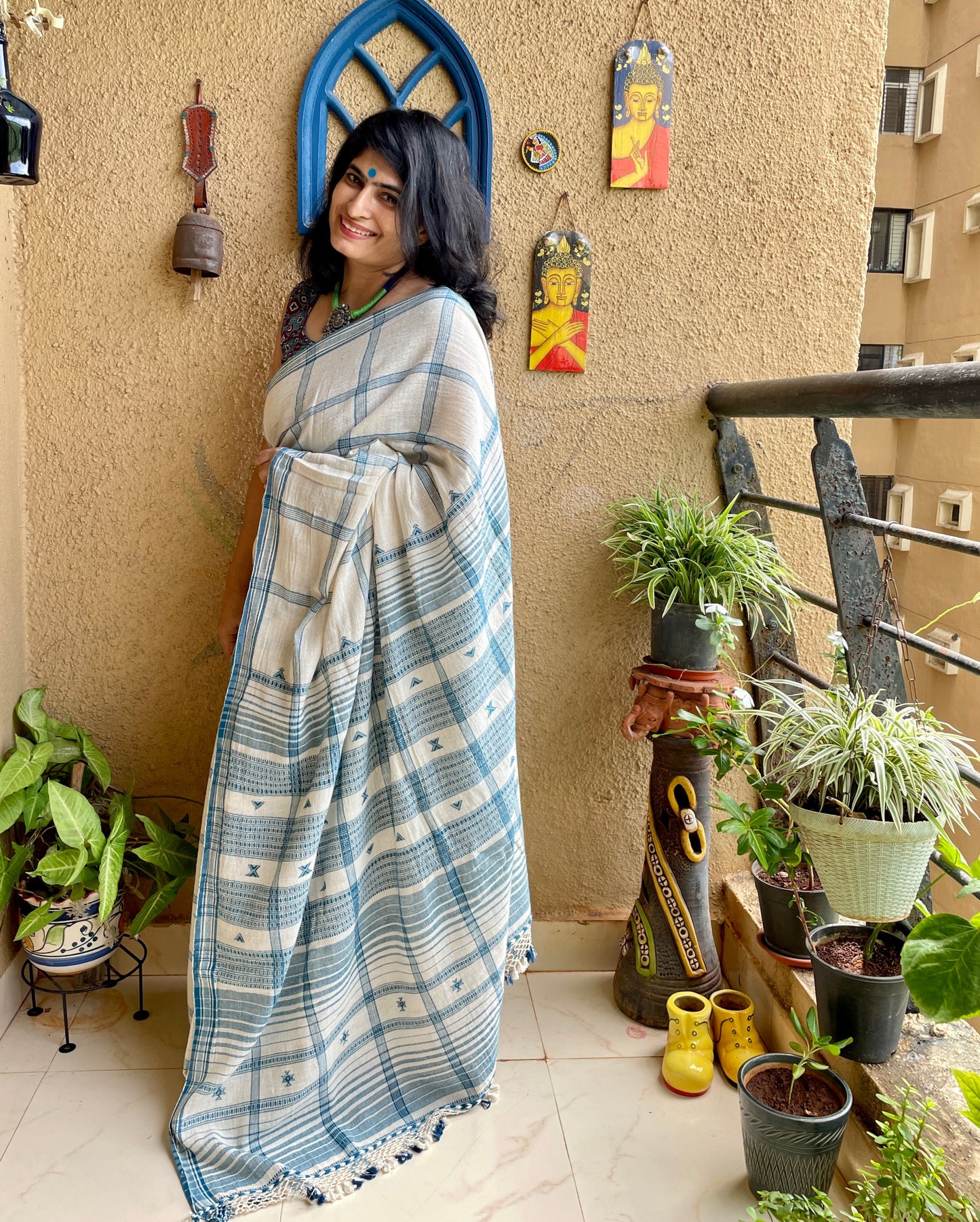 White checks Kala Coton Bhujodi Saree