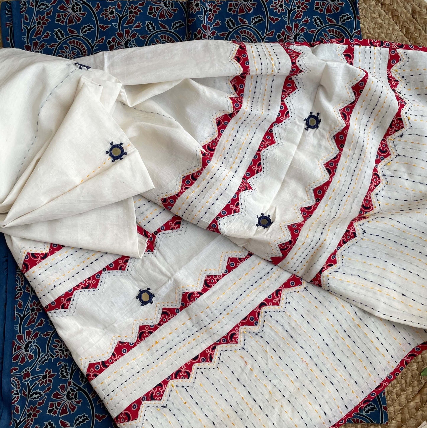 white indigo Applique Dupatta set