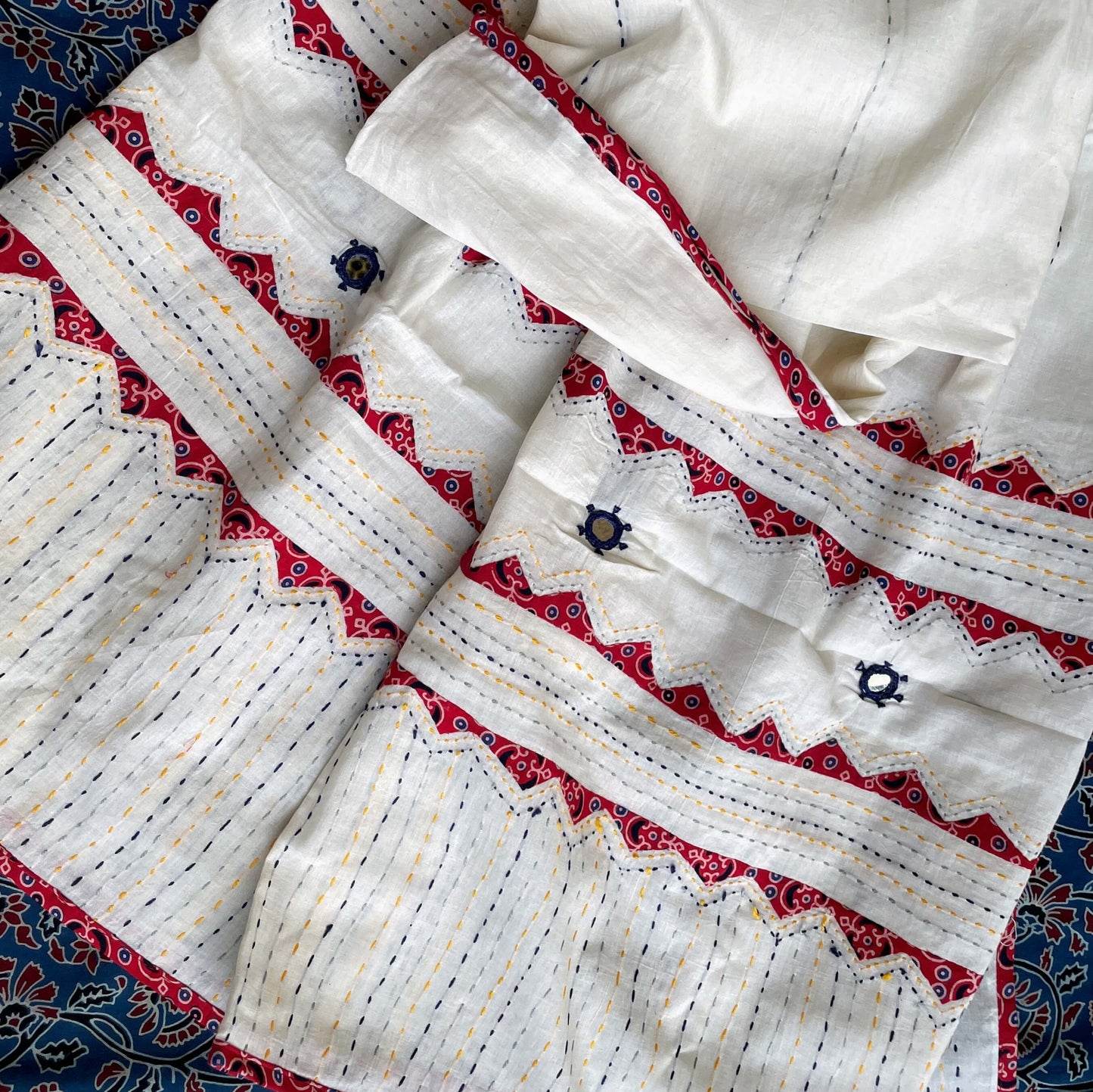 white indigo Applique Dupatta set