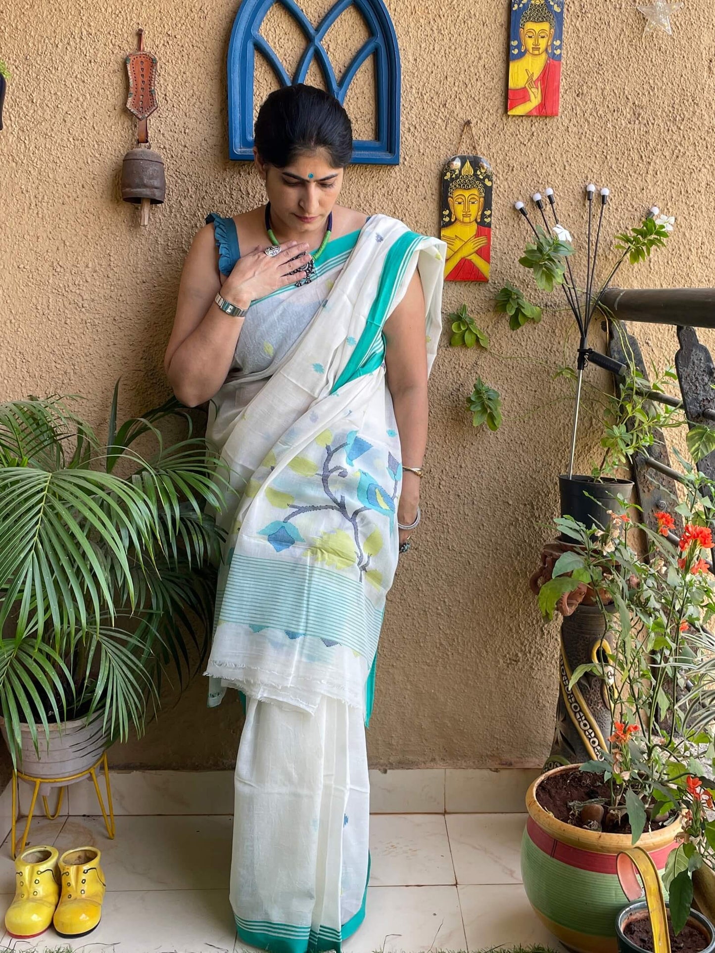 White Jamdani cotton saree