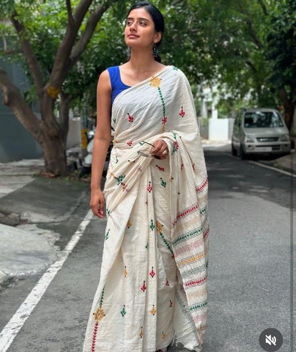 white cotton kantha work saree