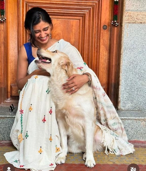 Off White cotton Kantha Stitch saree
