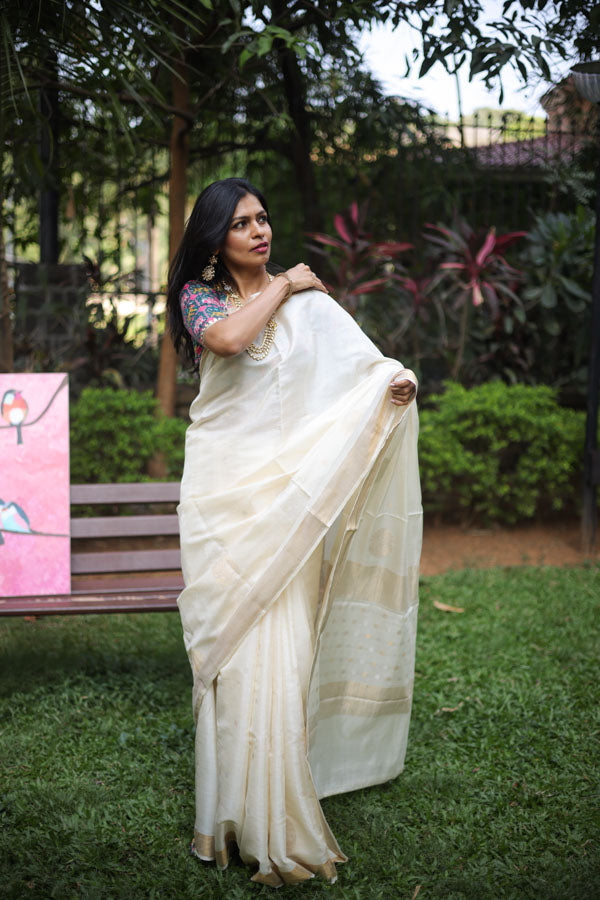 Off white Kosa silk saree with zari