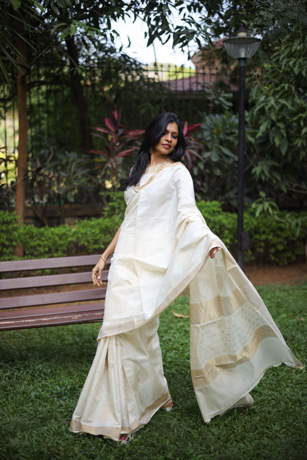Off white Kosa silk saree with zari