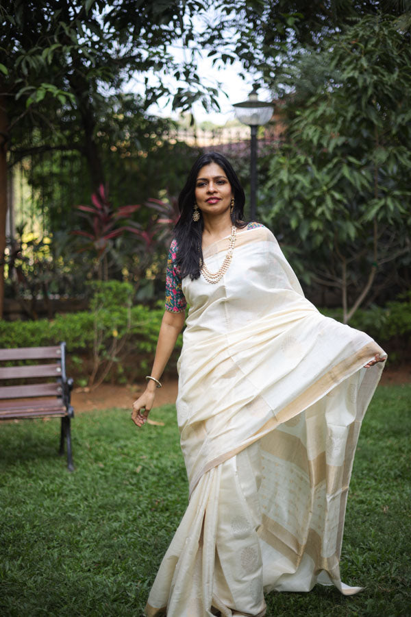 Off white Kosa silk saree with zari