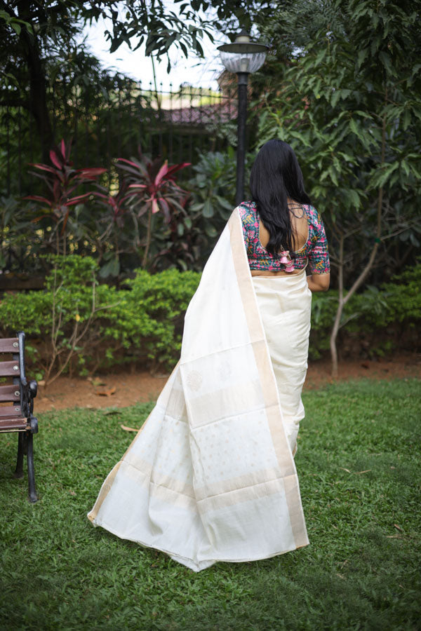 Off white Kosa silk saree with zari