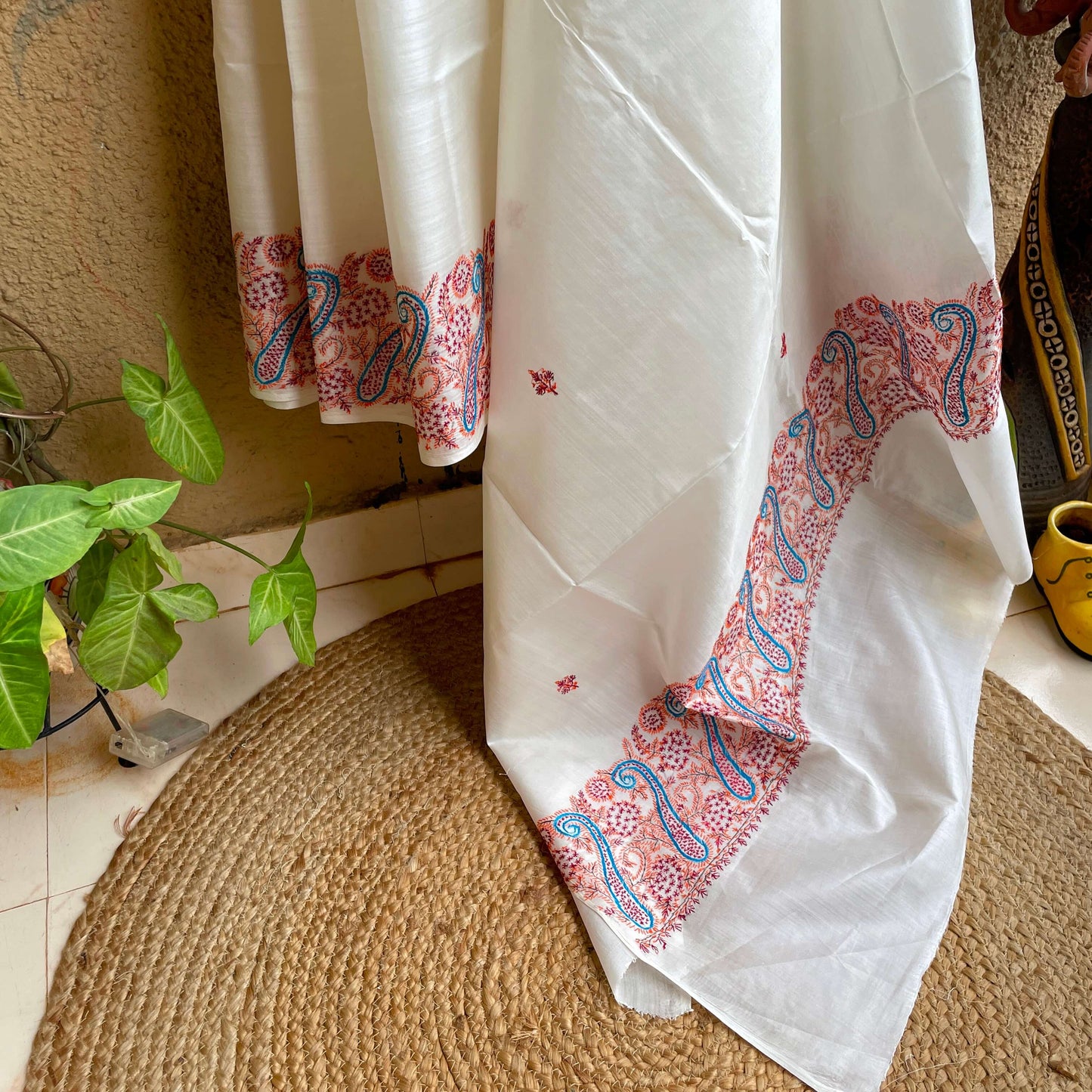 white silk sozni saree