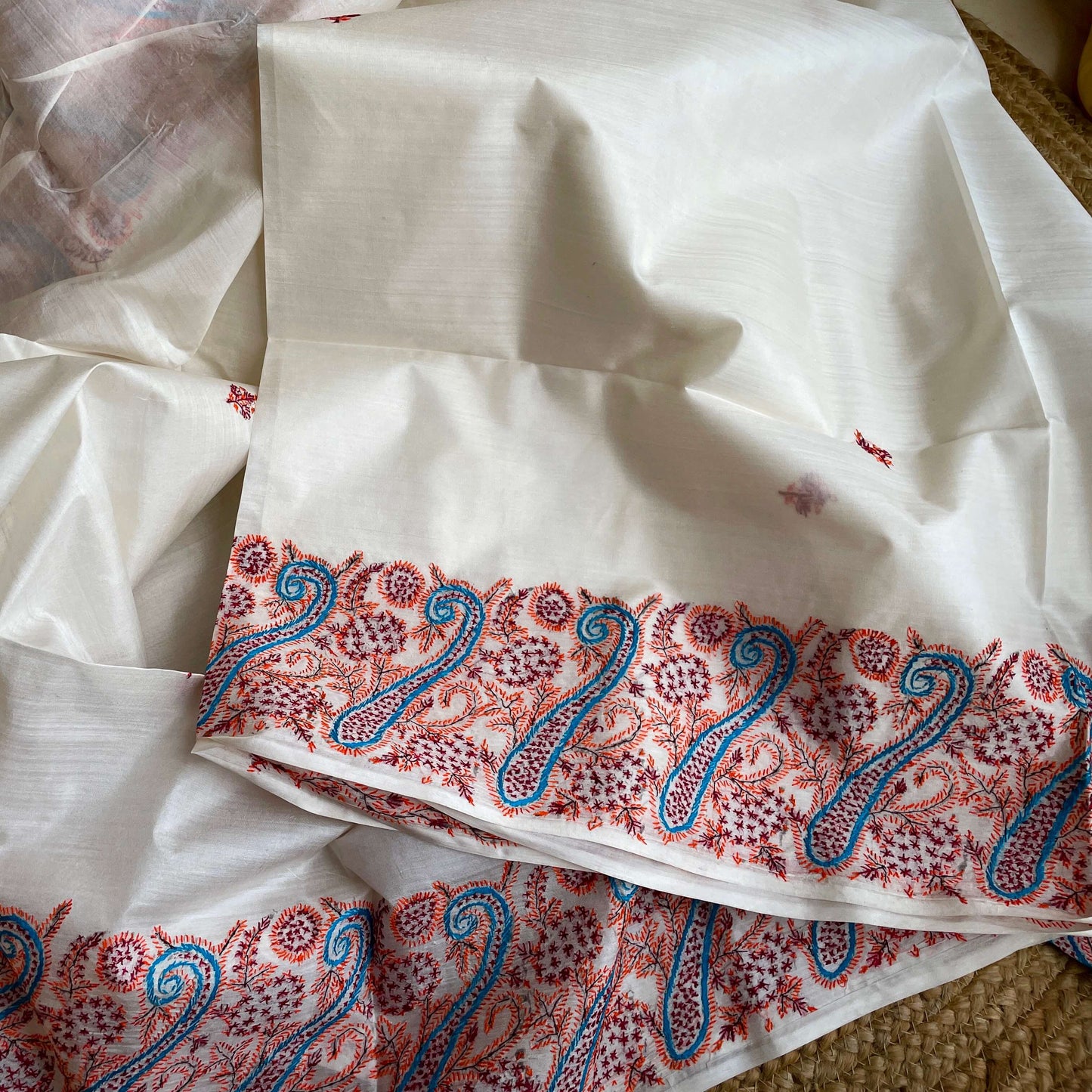 white silk sozni saree