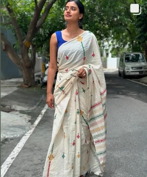 Off White cotton Kantha Stitch saree