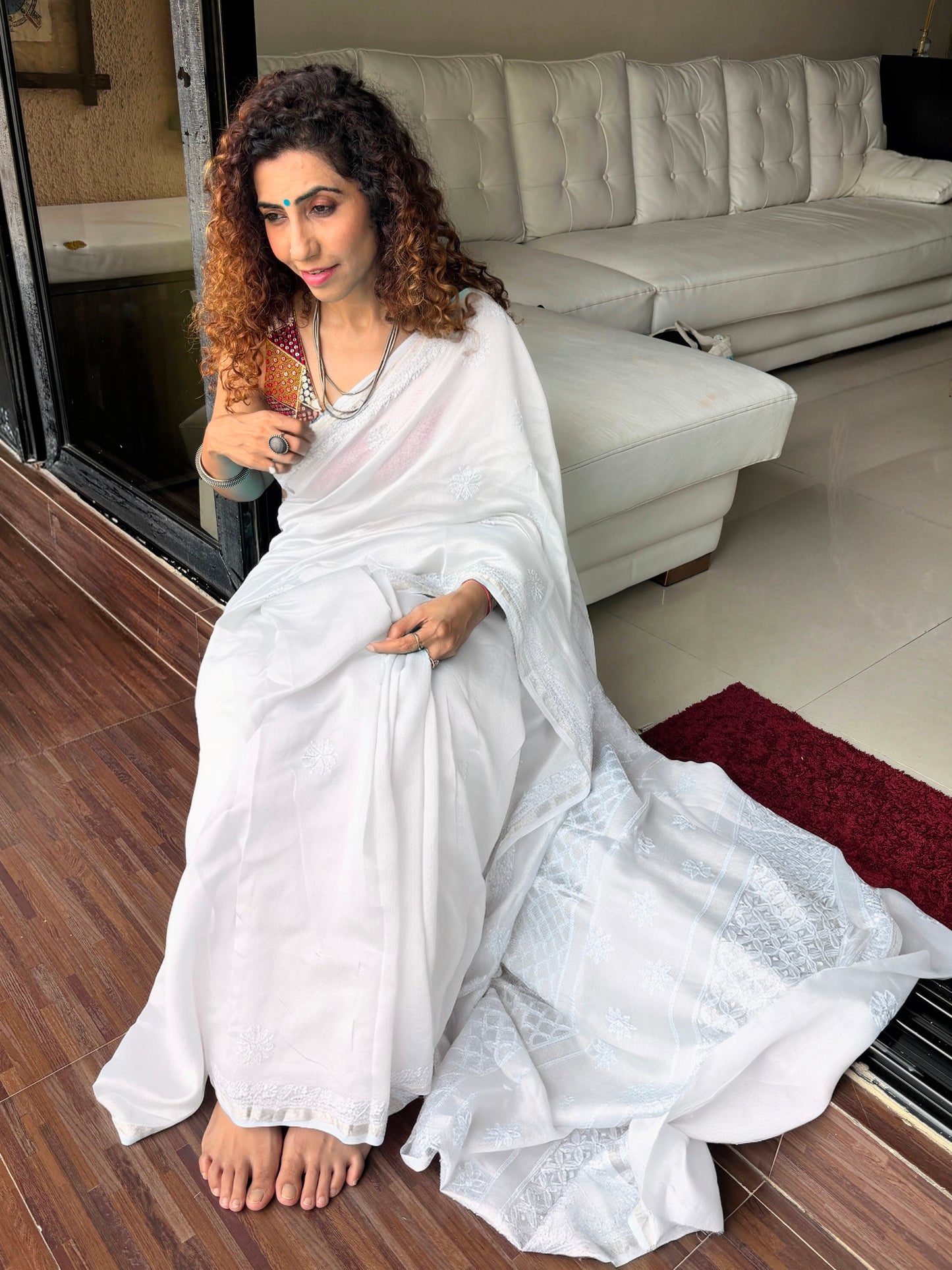 Ivory white chikankari Saree I Handcrafted