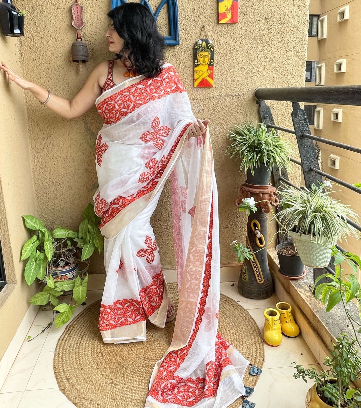 White with red Applique Kota Saree