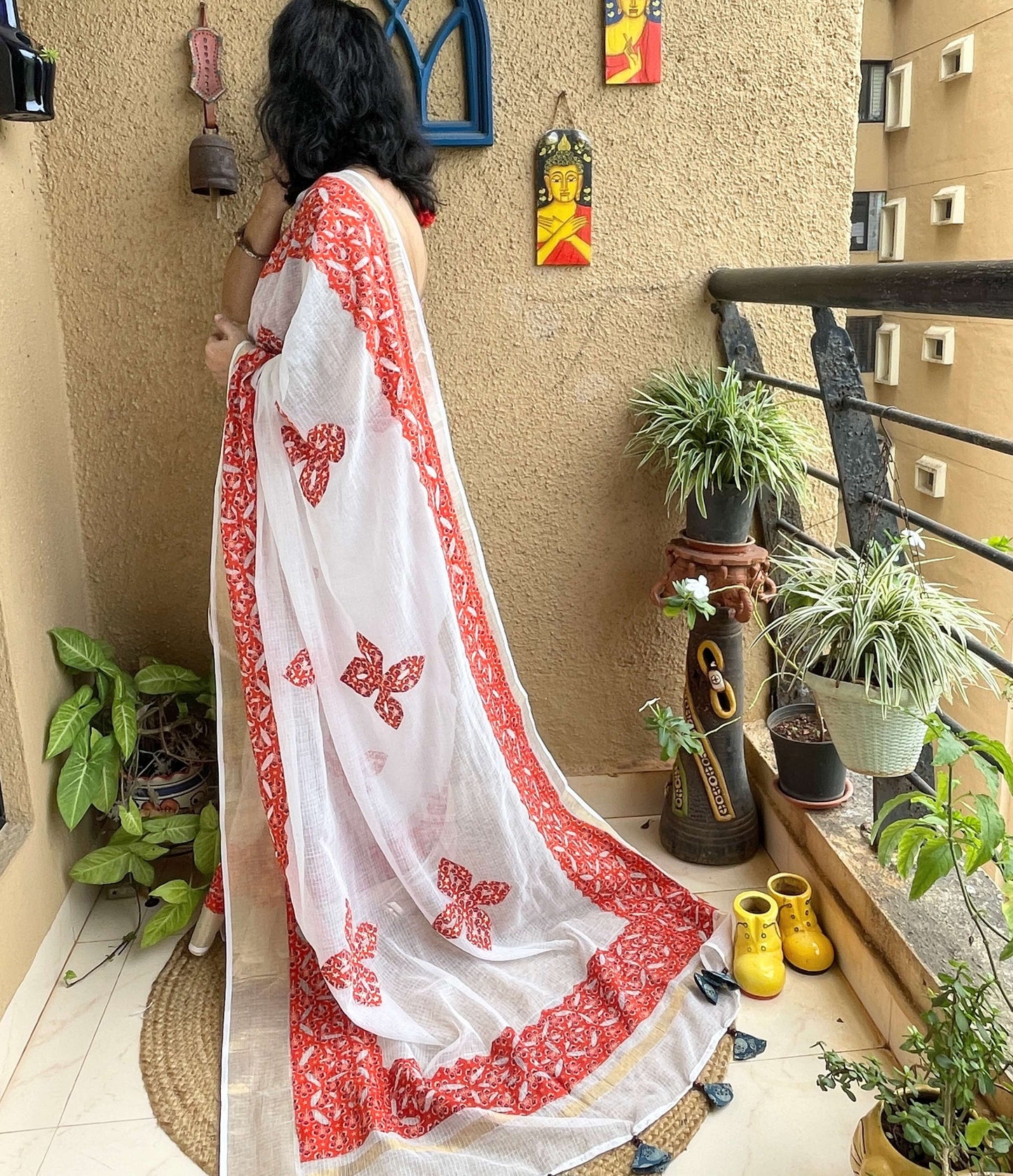 White with red Applique Kota Saree