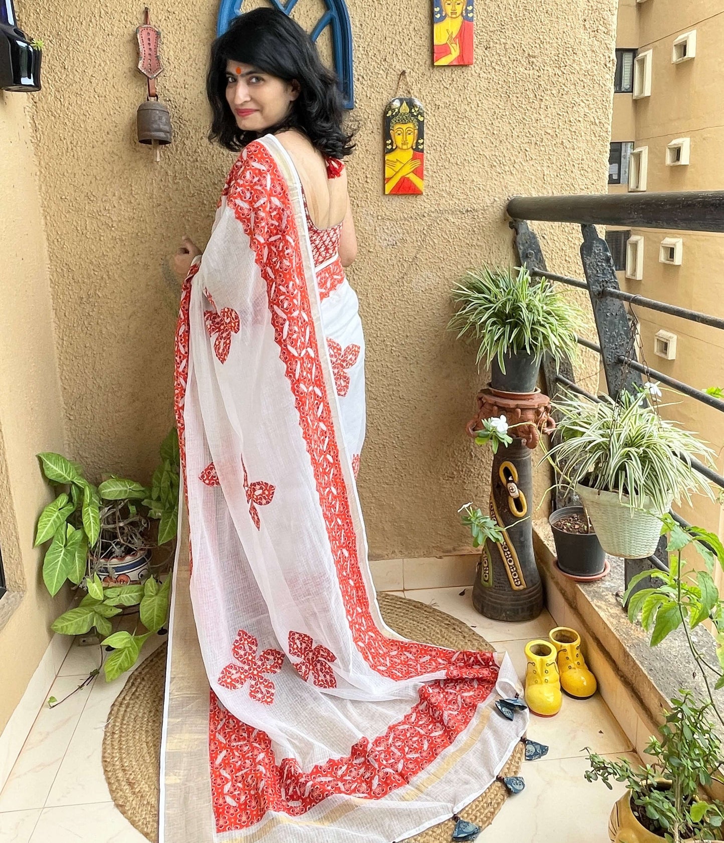 White with red Applique Kota Saree