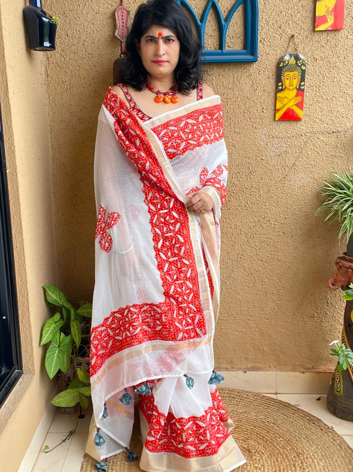 White with red Applique Kota Saree