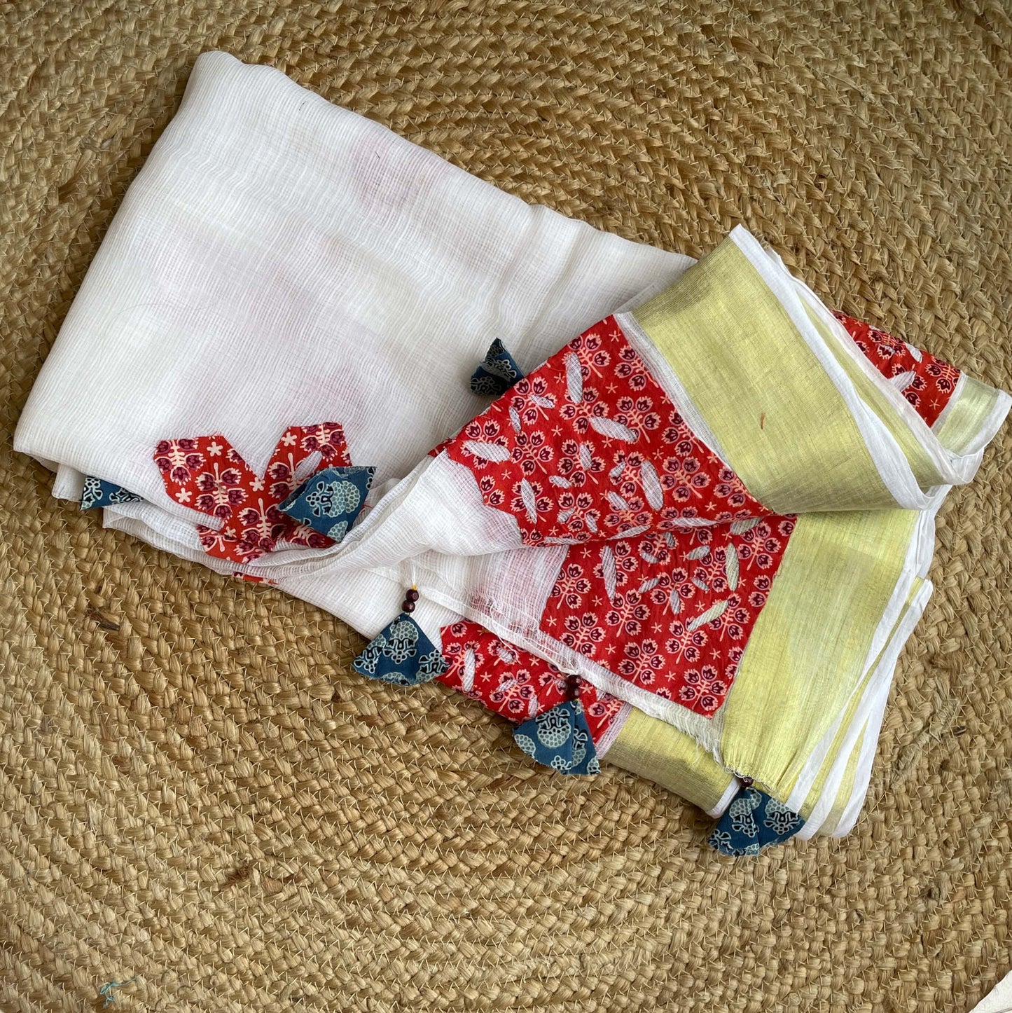 White with red Applique Kota Saree