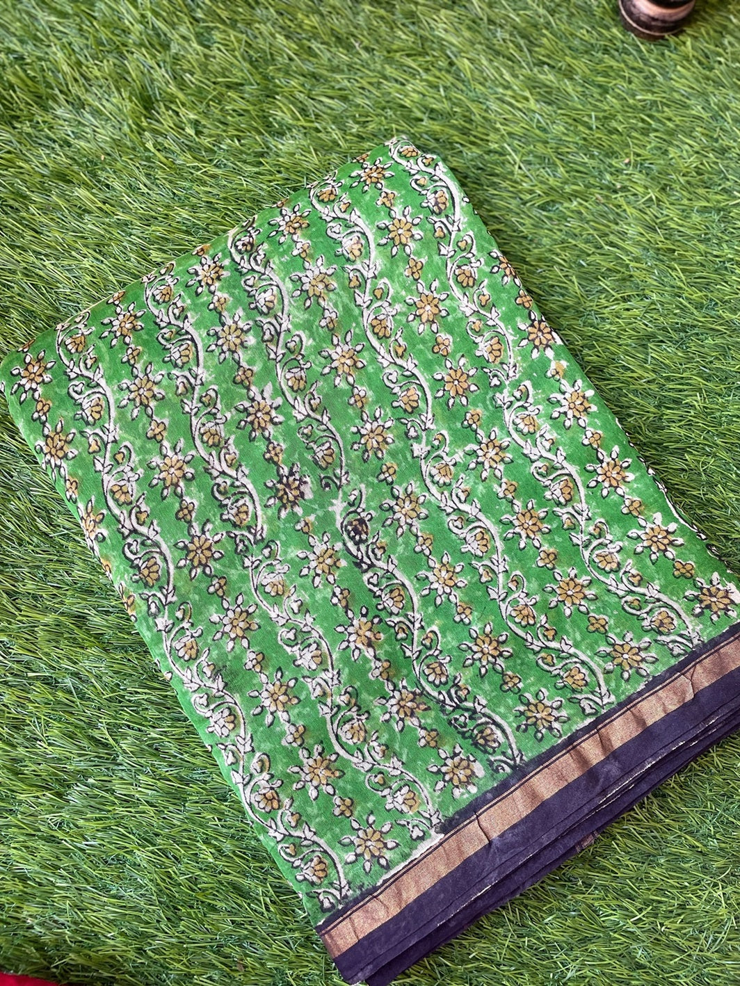 Yellow green Chanderi Block print