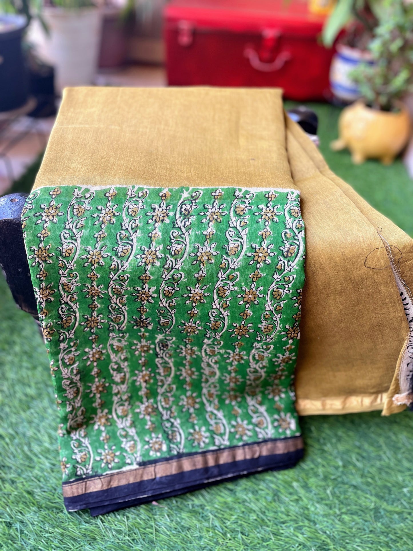 Yellow green Chanderi Block print