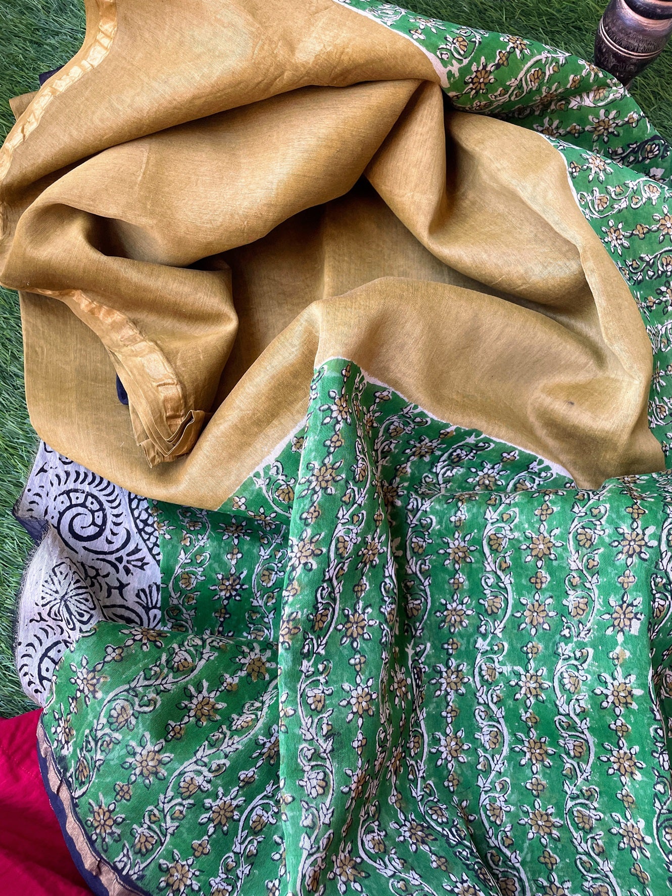 Yellow green Chanderi Block print