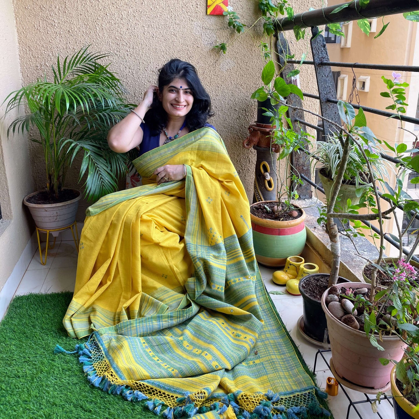 Yellow Kala Coton Bhujodi Saree