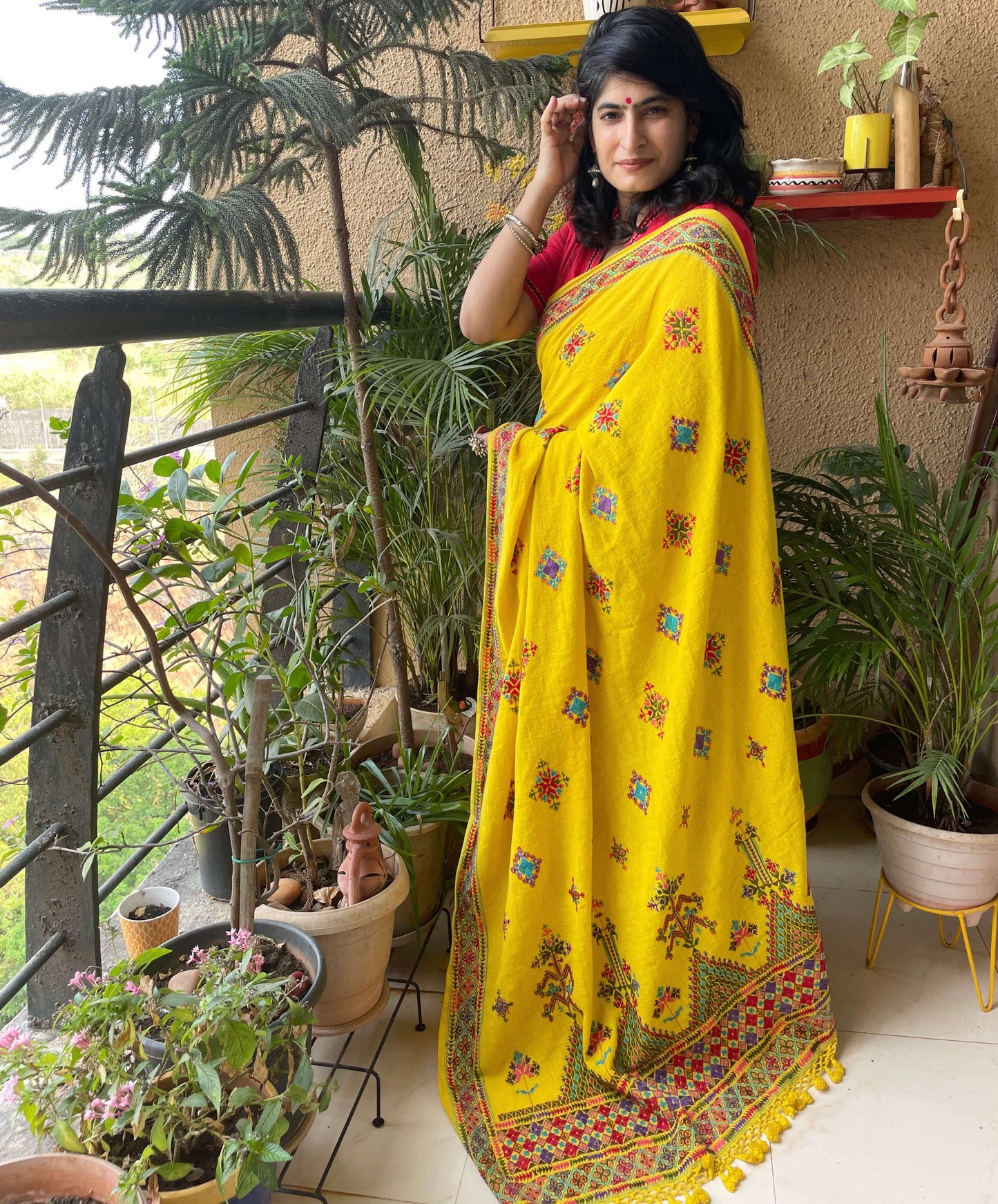 Soof Embroidery Kala cotton yellow saree